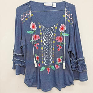 Bleu Bayou Large Top Tunic Floral Patchwork Embroidered Ruffled Flared Sleeves